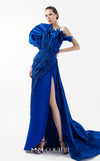 MNM Couture Style G2019 showcasing a royal blue strapless gown with sculptural taffeta draping cascading from bustline to hem, featuring architectural design and dramatic side train | Couture Shop LA