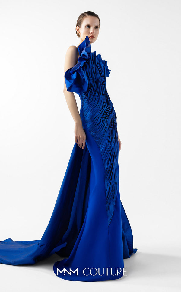 MNM Couture Style G2019 showcasing a royal blue strapless gown with sculptural taffeta draping cascading from bustline to hem, featuring architectural design and dramatic side train | Couture Shop LA