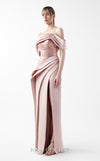 MNM Couture Style G2020 showcasing a blush pink off-shoulder evening gown with metallic pleated bodice detailing, sculptural razmir draping, and elegant high slit | Couture Shop LA
