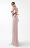 MNM Couture Style G2020 showcasing a blush pink off-shoulder evening gown with metallic pleated bodice detailing, sculptural razmir draping, and elegant high slit | Couture Shop LA