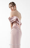 MNM Couture Style G2020 showcasing a blush pink off-shoulder evening gown with metallic pleated bodice detailing, sculptural razmir draping, and elegant high slit | Couture Shop LA