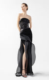 MNM Couture Style G2021 showcasing a strapless black gown with asymmetrical lace, flowing organza panels, and a dramatic high slit | Couture Shop  LA.