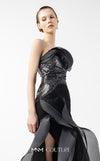 MNM Couture Style G2021 showcasing a strapless black gown with asymmetrical lace, flowing organza panels, and a dramatic high slit | Couture Shop  LA.