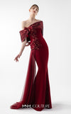 MNM Couture Style G2022 showcasing a burgundy mermaid gown with pleated lamé organza shoulders, intricate embroidery, and a tulle train | Couture Shop LA