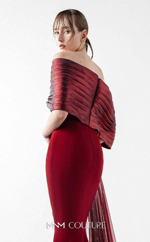 MNM Couture Style G2022 showcasing a burgundy mermaid gown with pleated lamé organza shoulders, intricate embroidery, and a tulle train | Couture Shop LA