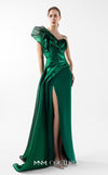 MNM Couture Style G2023 emerald green evening dress with column-fitted silhouette, asymmetric neckline, side slit, and cascading train, exuding luxury | Couture Shop LA