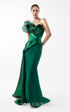 MNM Couture Style G2023 emerald green evening dress with column-fitted silhouette, asymmetric neckline, side slit, and cascading train, exuding luxury | Couture Shop LA