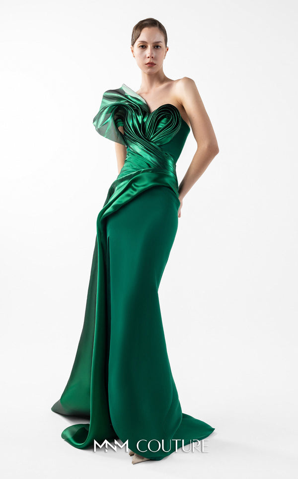MNM Couture Style G2023 emerald green evening dress with column-fitted silhouette, asymmetric neckline, side slit, and cascading train, exuding luxury | Couture Shop LA