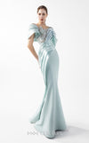MNM Couture Style G2024 showcasing a mint blue mermaid gown with lace illusion bodice, metallic off-shoulder draping, and sculpted silhouette | Couture Shop LA