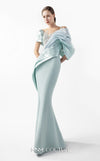 MNM Couture Style G2024 showcasing a mint blue mermaid gown with lace illusion bodice, metallic off-shoulder draping, and sculpted silhouette | Couture Shop LA