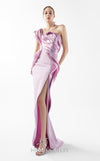 MNM Couture Style G2025 showcasing a stunning pink liquid metallic dress with one-shoulder neckline, sculptural cascading folds, dramatic high slit, and flowing train | Couture Shop LA