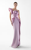 MNM Couture Style G2025 showcasing a stunning pink liquid metallic dress with one-shoulder neckline, sculptural cascading folds, dramatic high slit, and flowing train | Couture Shop LA
