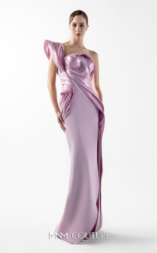 MNM Couture Style G2025 showcasing a stunning pink liquid metallic dress with one-shoulder neckline, sculptural cascading folds, dramatic high slit, and flowing train | Couture Shop LA