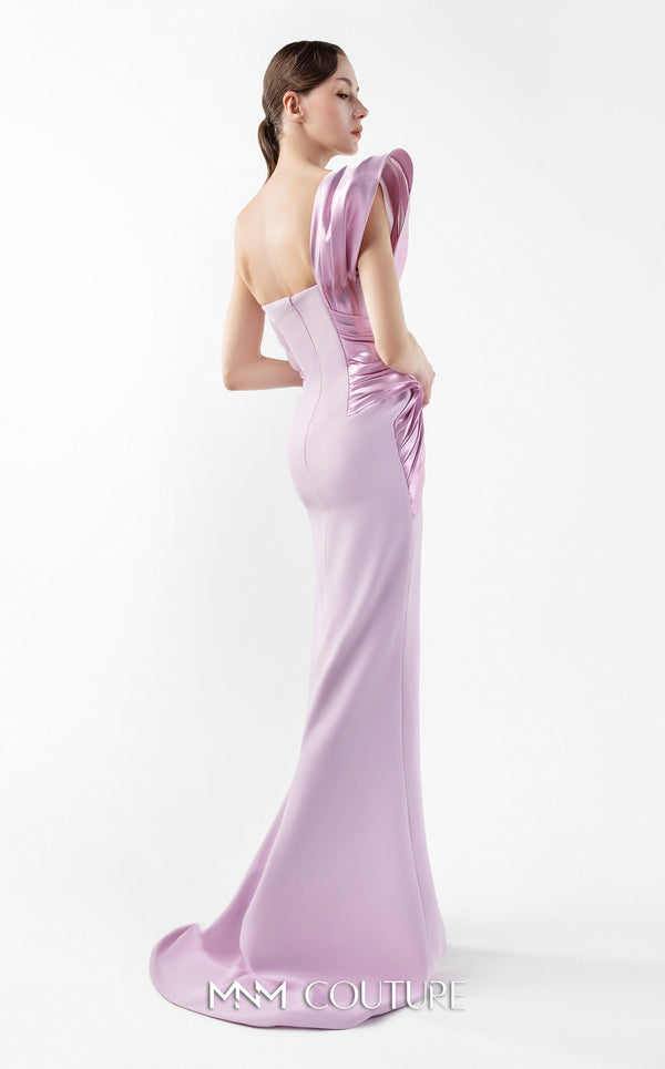 MNM Couture Style G2025 showcasing a stunning pink liquid metallic dress with one-shoulder neckline, sculptural cascading folds, dramatic high slit, and flowing train | Couture Shop LA