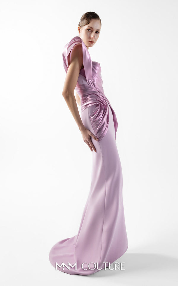 MNM Couture Style G2025 showcasing a stunning pink liquid metallic dress with one-shoulder neckline, sculptural cascading folds, dramatic high slit, and flowing train | Couture Shop LA