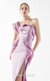 MNM Couture Style G2025 showcasing a stunning pink liquid metallic dress with one-shoulder neckline, sculptural cascading folds, dramatic high slit, and flowing train | Couture Shop LA