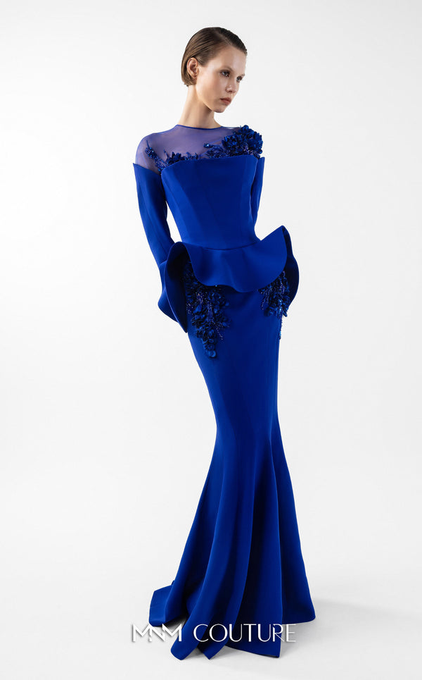 MNM Couture Style G2029 showcasing a royal blue mermaid crepe gown with illusion tulle neckline, intricate hand embroidery, long sleeves, and peplum waist detail | Couture Shop LA
