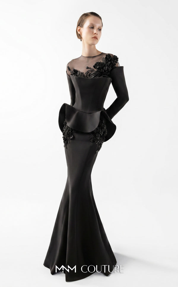 MNM Couture Style G2029 showcasing a royal blue mermaid crepe gown with illusion tulle neckline, intricate hand embroidery, long sleeves, and peplum waist detail | Couture Shop LA
