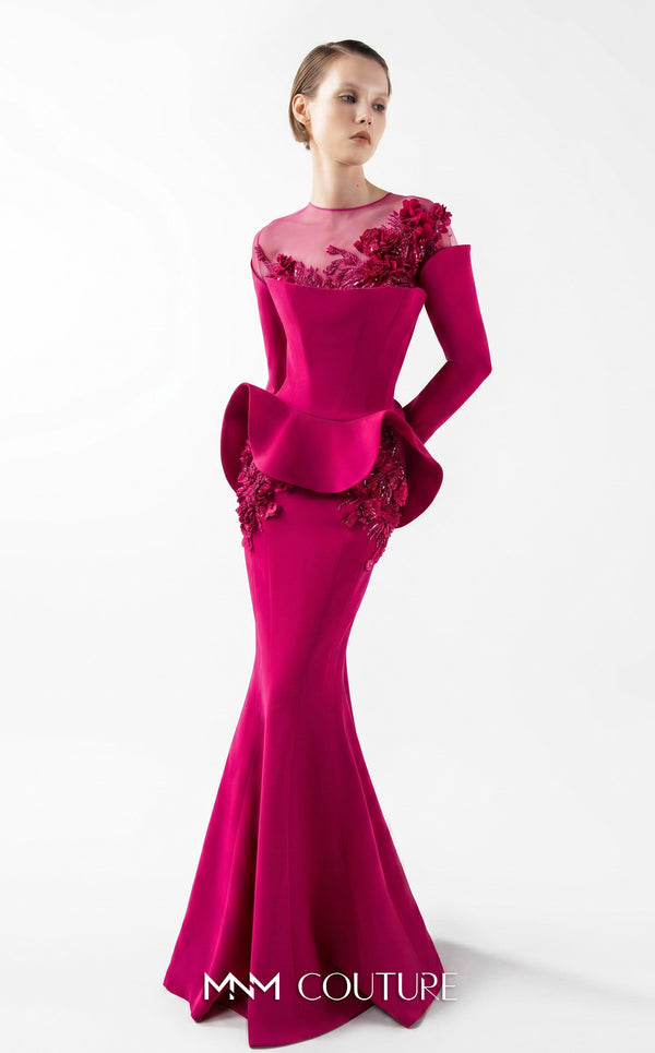 MNM Couture Style G2029 showcasing a royal blue mermaid crepe gown with illusion tulle neckline, intricate hand embroidery, long sleeves, and peplum waist detail | Couture Shop LA