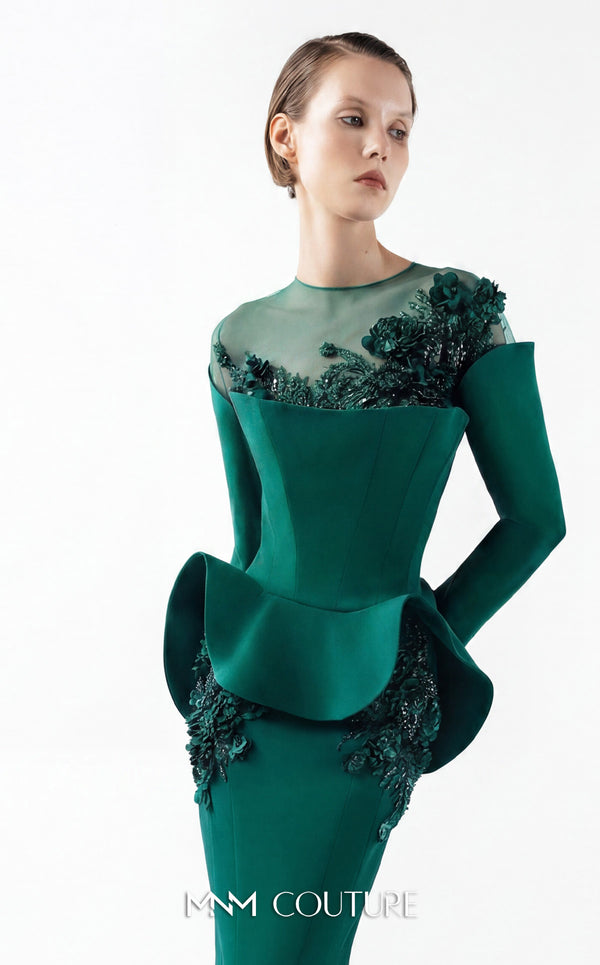 MNM Couture Style G2029 showcasing a royal blue mermaid crepe gown with illusion tulle neckline, intricate hand embroidery, long sleeves, and peplum waist detail | Couture Shop LA
