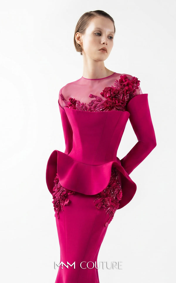 MNM Couture Style G2029 showcasing a royal blue mermaid crepe gown with illusion tulle neckline, intricate hand embroidery, long sleeves, and peplum waist detail | Couture Shop LA