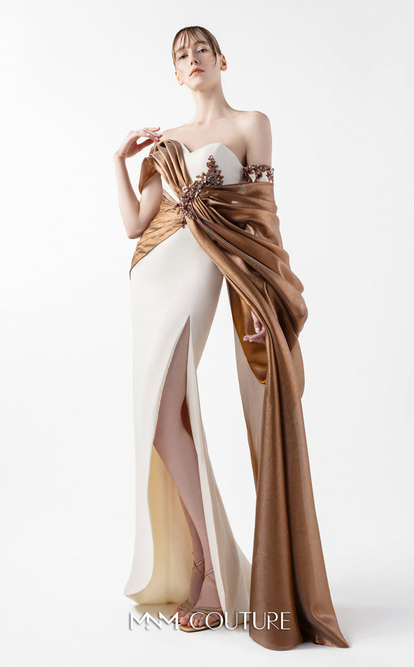 MNM Couture Style G2030 showcasing a cream crepe gown with lamé organza draping, intricate embroidery, and a high slit | Couture Shop LA