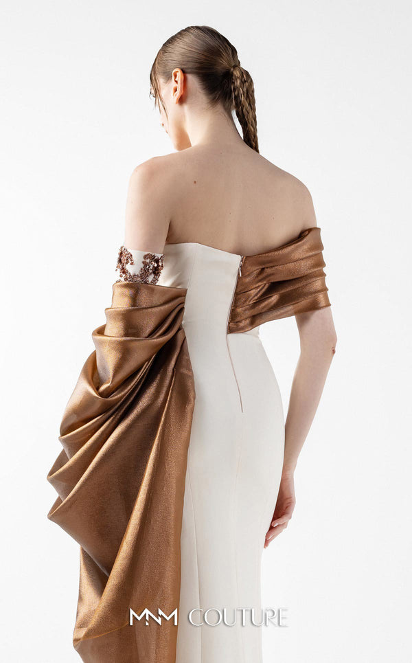 MNM Couture Style G2030 showcasing a cream crepe gown with lamé organza draping, intricate embroidery, and a high slit | Couture Shop LA