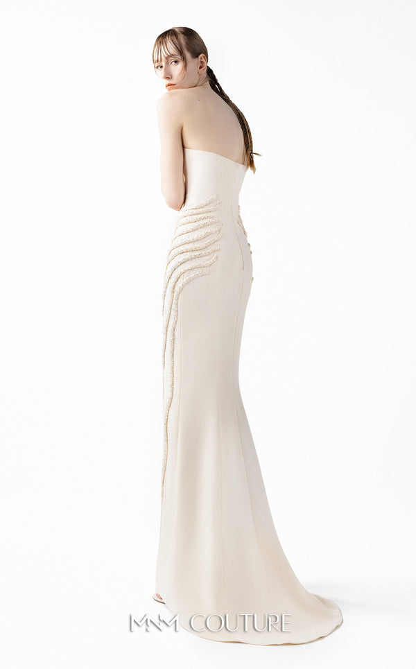 MNM Couture Style G2032 showcasing a cream mermaid gown with three-angular corseted neckline, fitted silhouette, and intricate ribbed lace textural detailing throughout the skirt | Couture Shop LA