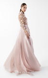 MNM Couture Style G2035 showcasing a blush pink gown with sheer illusion bodice, long sleeves adorned with 3D floral appliques, lace inserts, and flowing envelope skirt | Couture Shop LA