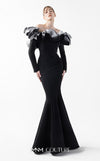 MNM Couture Style G2036 showcasing a black off-shoulder mermaid gown with long sleeves and voluminous, sculptural organza ruffles in silver, off-white, and anthracite. | Couture Shop LA