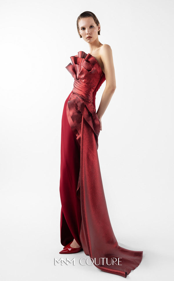 MNM Couture Style G2037 showcasing a strapless burgundy crepe gown with a sculpted, layered lamé organza bodice, a flowing train, and a high slit. | Couture Shop LA