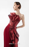 MNM Couture Style G2037 showcasing a strapless burgundy crepe gown with a sculpted, layered lamé organza bodice, a flowing train, and a high slit. | Couture Shop LA