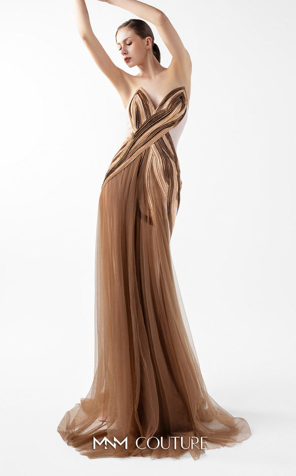 MNM Couture Style G2038 showcasing a strapless beige crepe gown with an asymmetrical angular bust in pleated bronze and brown lamé organza and a front tulle overskirt. | Couture Shop LA