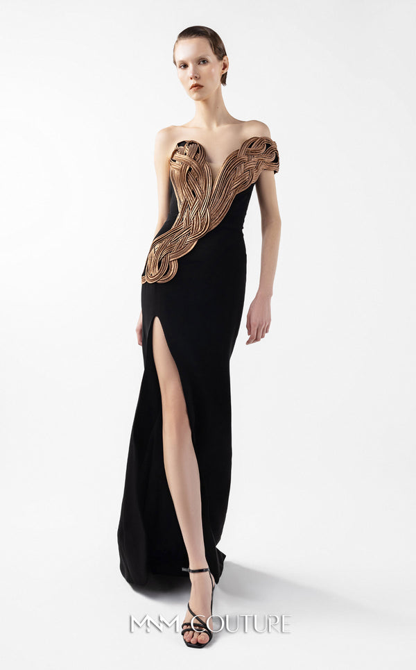 MNM Couture Style G2043 showcasing a black off-shoulder evening gown with plunging V-neckline, rusty brown interlocked organza bodice detailing, and thigh-high slit | Couture Shop LA