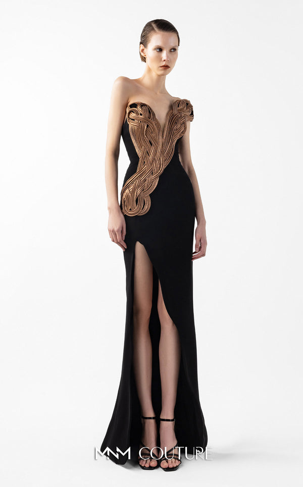 MNM Couture Style G2043 showcasing a black off-shoulder evening gown with plunging V-neckline, rusty brown interlocked organza bodice detailing, and thigh-high slit | Couture Shop LA