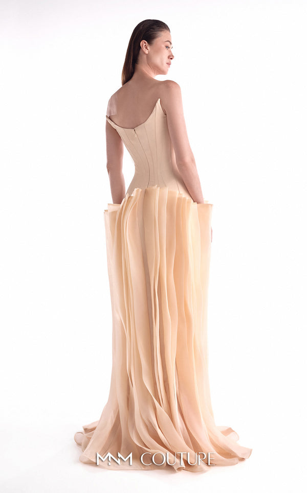 Nude evening gown MNM Couture Style G2100 featuring a deep V crepe corset and layered organza skirt