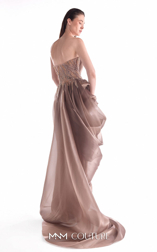 Modern Grecian evening gown MNM Couture Style G2103 featuring lace inserts, structured bust, and fluid organza draping