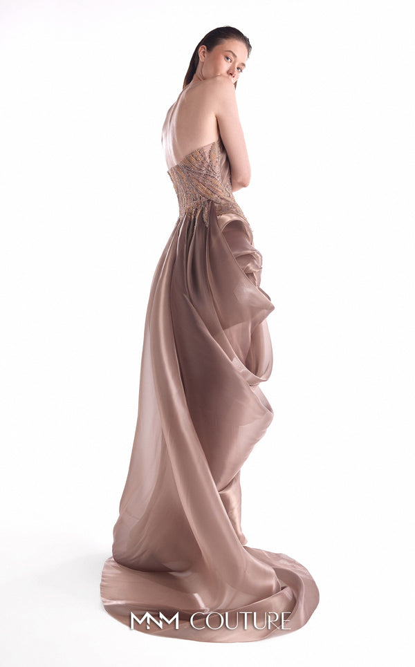 Modern Grecian evening gown MNM Couture Style G2103 featuring lace inserts, structured bust, and fluid organza draping
