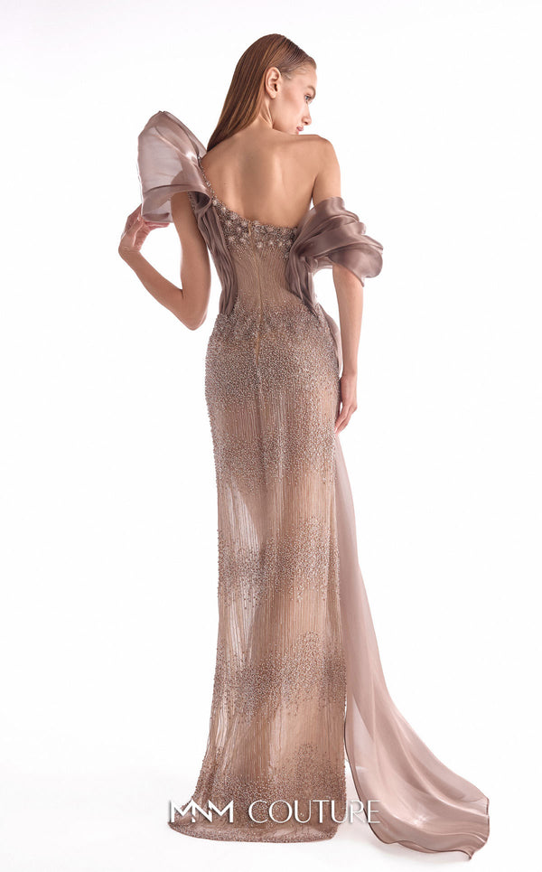 Brown one-shoulder evening gown MNM Couture Style G2105 featuring sheer illusion base, pearl-embellished lace, and fluid organza draping