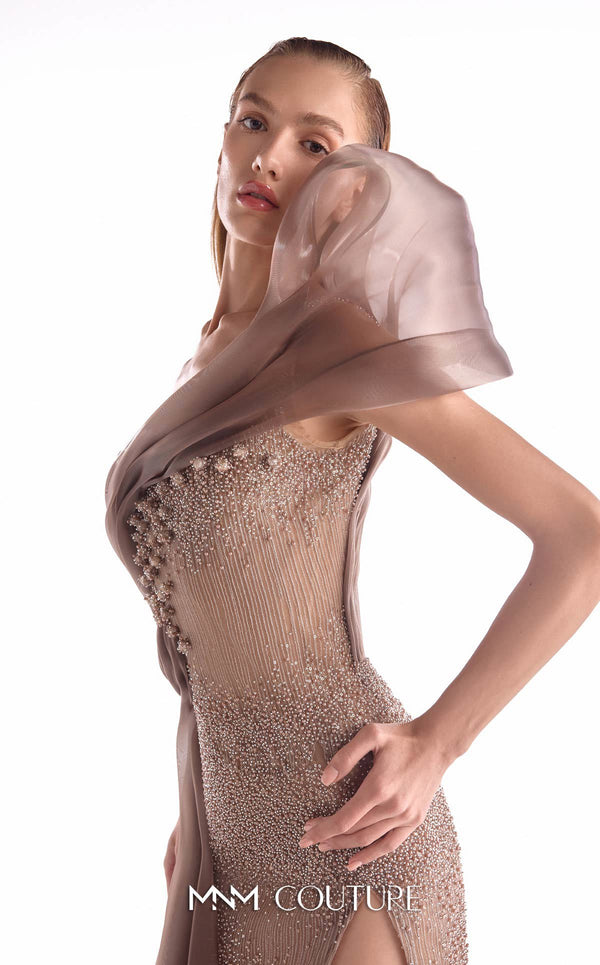 Brown one-shoulder evening gown MNM Couture Style G2105 featuring sheer illusion base, pearl-embellished lace, and fluid organza draping