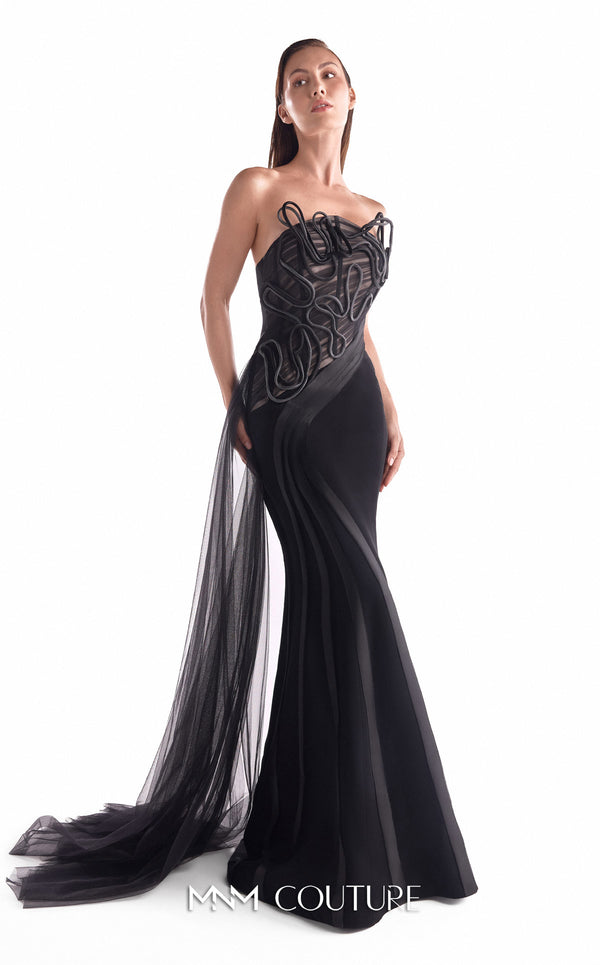 Strapless black evening gown MNM Couture Style G2116 with a draped tulle illusion bodice, corded embroidery, and organza hip panels