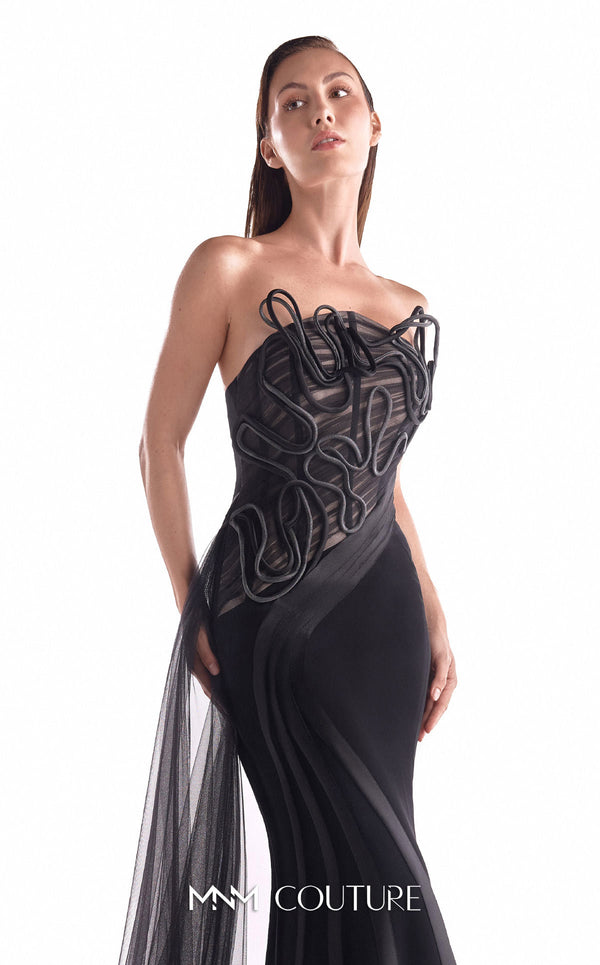 Strapless black evening gown MNM Couture Style G2116 with a draped tulle illusion bodice, corded embroidery, and organza hip panels