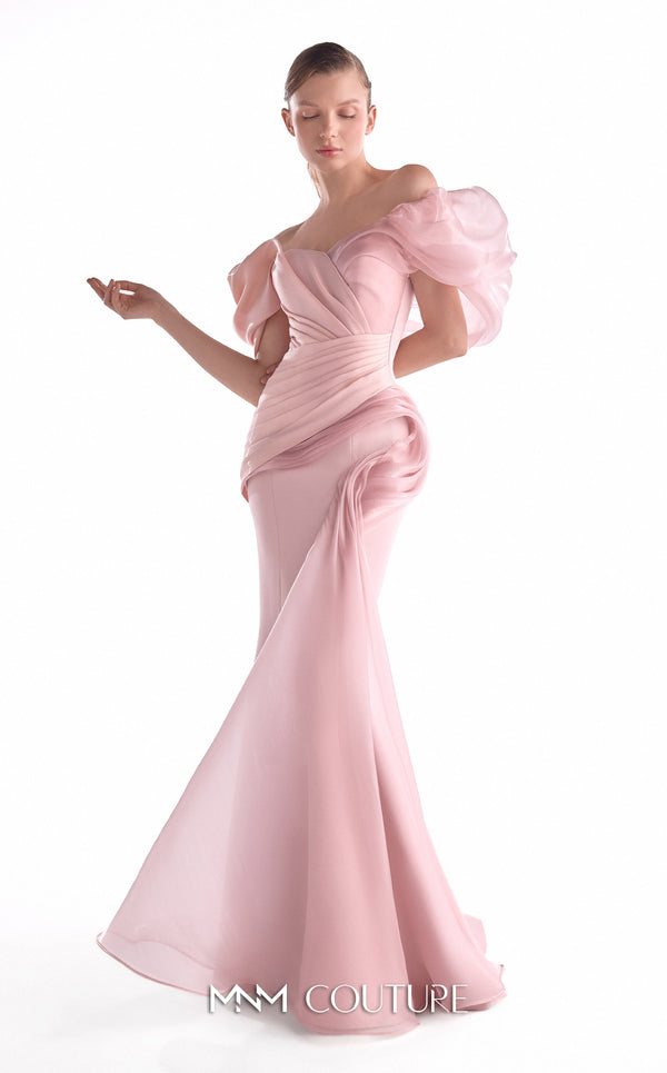 Soft pink crepe mermaid gown MNM Couture Style G2125 with asymmetrical technical and liquid organza shoulders