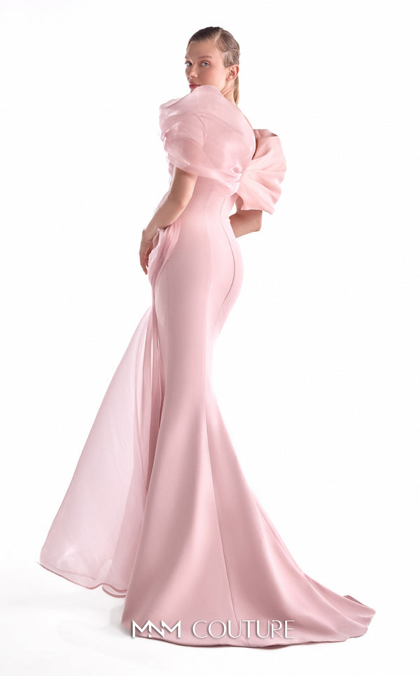 Soft pink crepe mermaid gown MNM Couture Style G2125 with asymmetrical technical and liquid organza shoulders