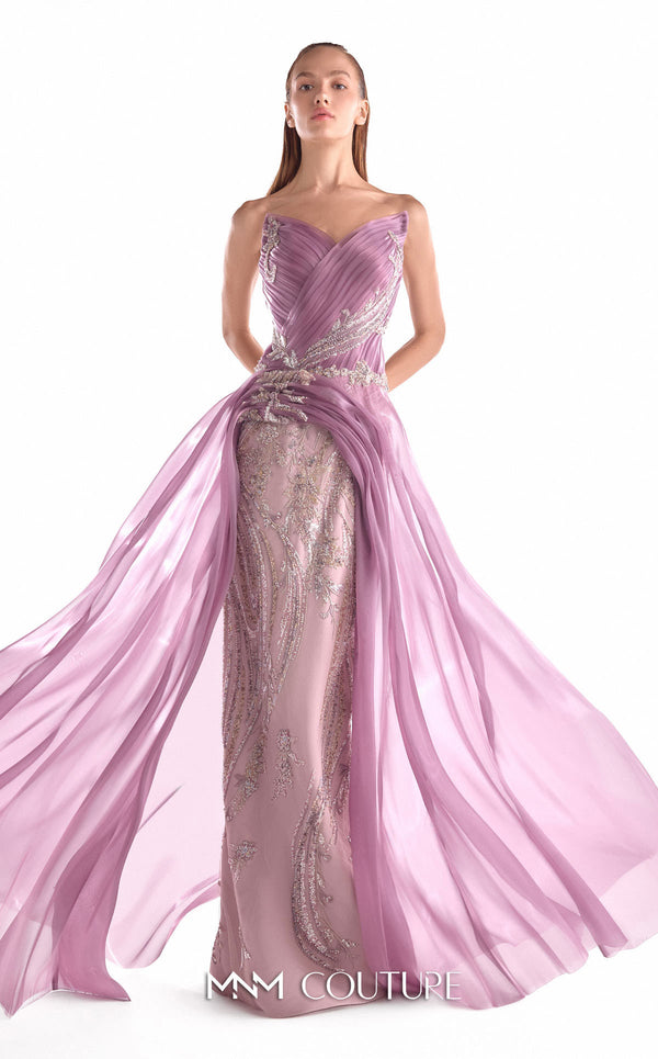 Old rose floral lace evening gown MNM Couture Style G2131 with an angular bust, pleated bodice, and a fluid sweeping organza train