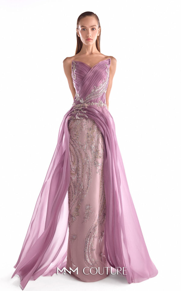 Old rose floral lace evening gown MNM Couture Style G2131 with an angular bust, pleated bodice, and a fluid sweeping organza train