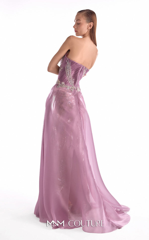 Old rose floral lace evening gown MNM Couture Style G2131 with an angular bust, pleated bodice, and a fluid sweeping organza train