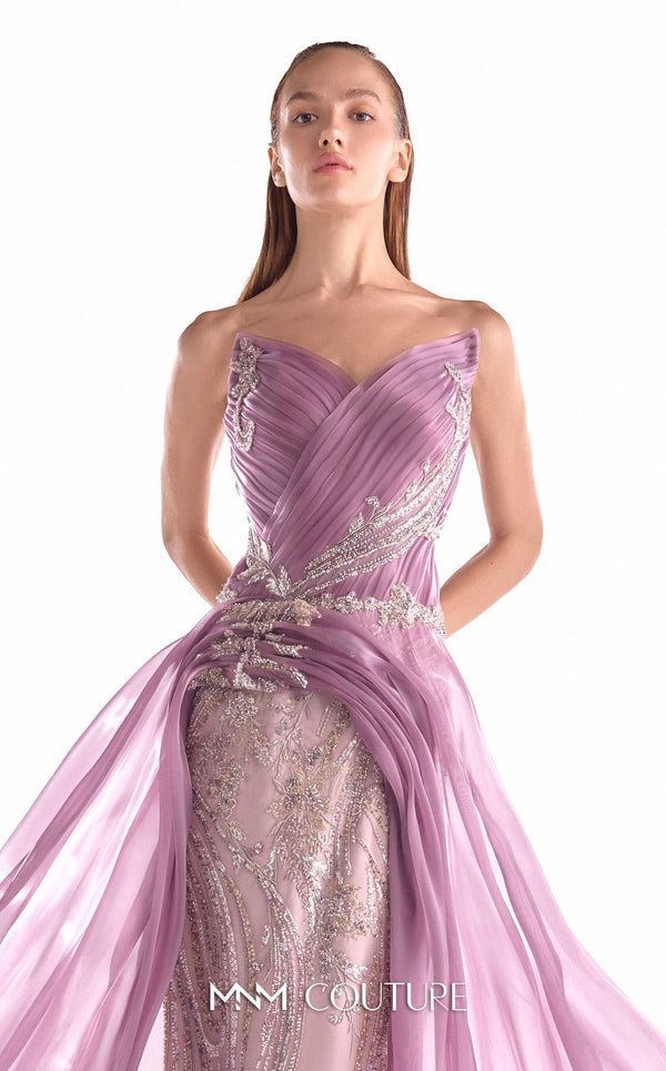 Old rose floral lace evening gown MNM Couture Style G2131 with an angular bust, pleated bodice, and a fluid sweeping organza train