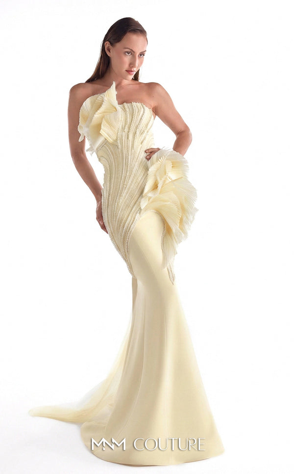 Off-white strapless mermaid gown MNM Couture Style G2135 featuring gradient mint pearl-embroidered lace and pleated lamé organza