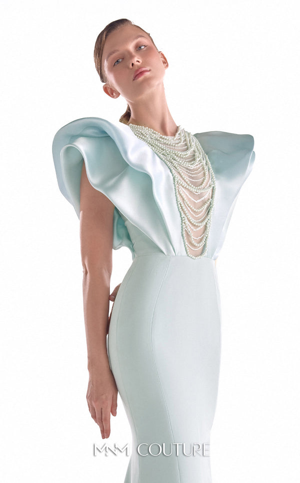 Mint crepe mermaid gown MNM Couture Style G2138 adorned with voluminous organza shoulders and cascading pearl drapery over a sheer illusion panel